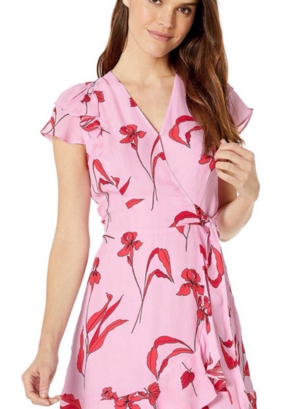 Parker Pink Wrap Mini Dress with Red Floral Print